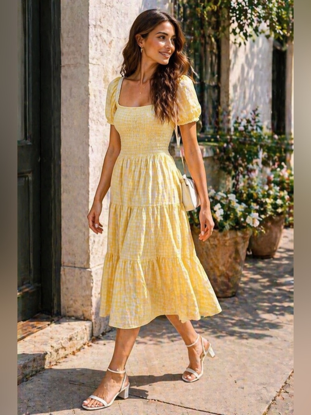 NWT Yellow Gingham Smocked Midi Dress Puff Sleeve Cottagecore Resort Vacation M - Picture 3 of 17